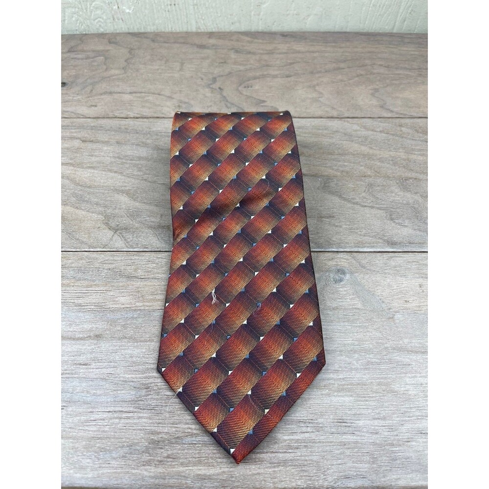 FROG Men's Tie Red Orange 100% Silk Checkerboard Pattern